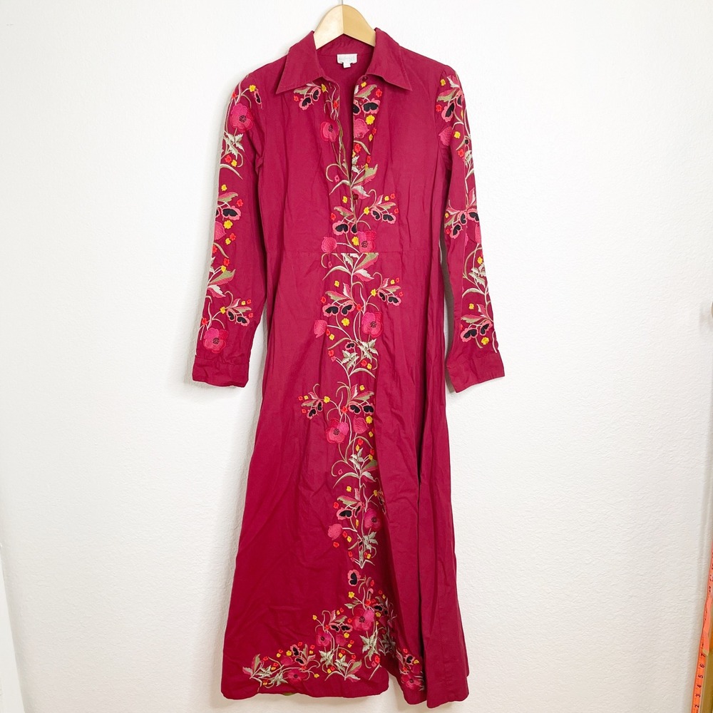 wknd Burgundy Red Floral Embroidered Long Sleeve Maxi Shirtdress Women Small